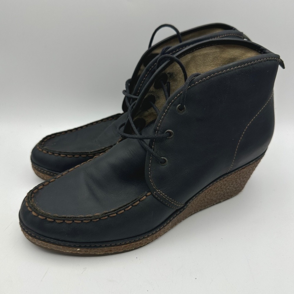 Olukai‎ Wali Wedge Boots Womens 9.5 Black Leather Lace Up Moc Toe Chukka 20206